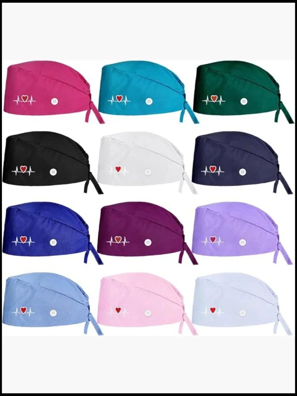 12 Bouffant Caps with Buttons Adjustable Tie Back Hats Unisex Nurse Scrub Caps